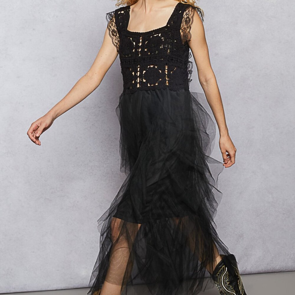 POL Black Lace Midi Dress